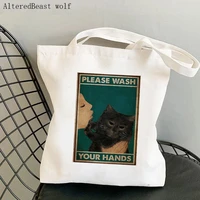 women shopper bag black cats meme please wash your hands bag harajuku shopping canvas bag girl handbag tote shoulder lady bag