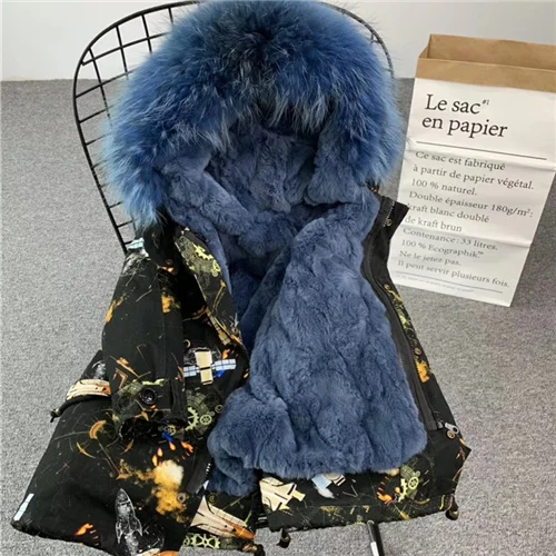 Gear shell-blue 2 Детская парка с большим меховым воротником Настоящий мех кролика, зимняя детская шубка для мальчиков и девочек, съемная подкладка, цветные детские меховые парки - Цвет: Gear shell-blue 2