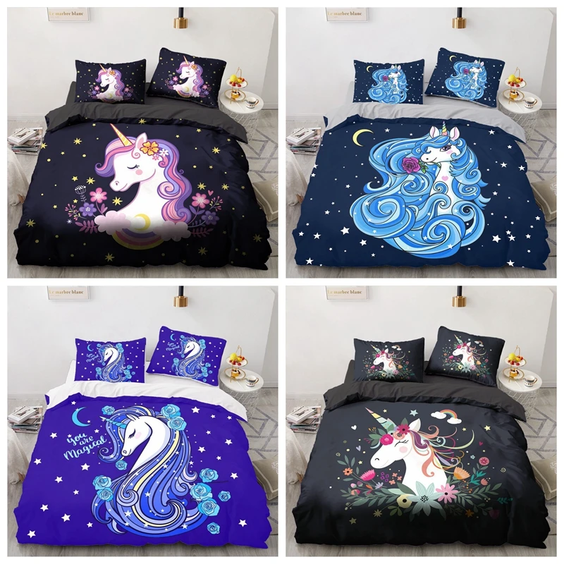 

Cartoon Unicorn Bedding Set Black Comfortable Single Double Twin Full Queen King Home Bedroom Duvet Cover Set 3 Pc Children kids