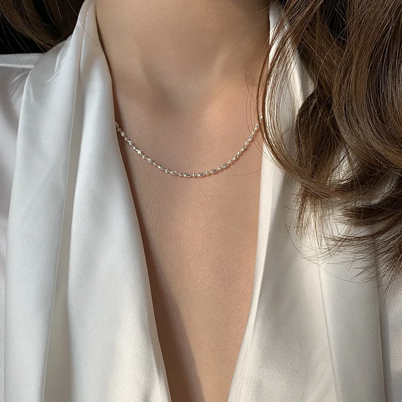 

925 Sterling Silver Sparkling Irregular Carved Beads Chain Necklaces for Women Men All-match Necklace Wholesale