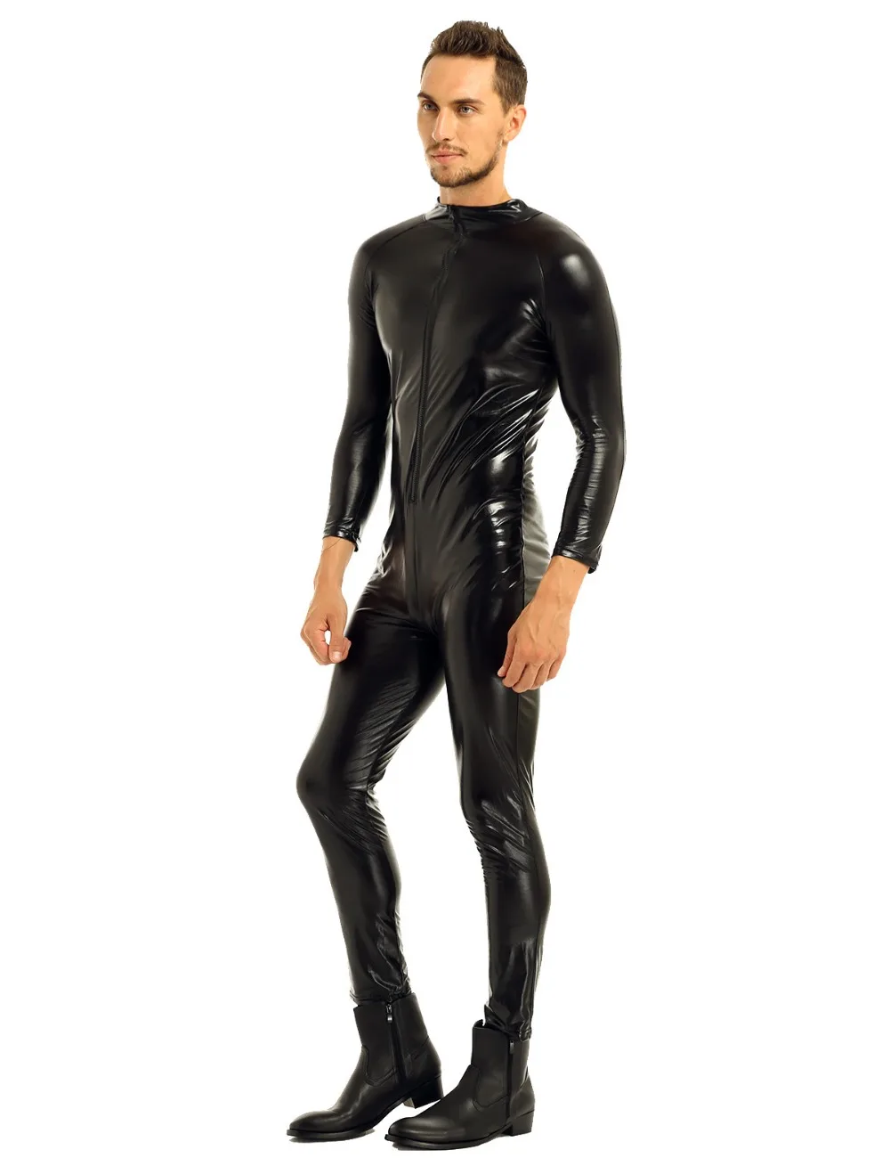 IEFiEL мода мото мужчины бодичулок лакированная кожа Wetlook передний Облегающий комбинезон с застежкой-молнией комбинезон Ночная Клубная одежда костюм представление
