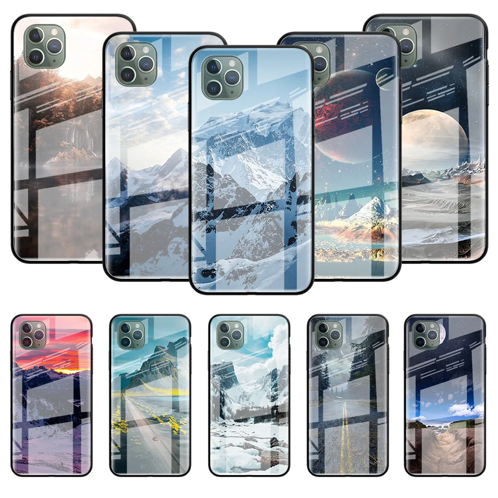 

Mountain Peak Forest Glass Coque Case For iPhone 11 12 Pro 7 XR X XS Max 8 6 6S Plus SE 2020 Tempered Back Phone Cover 13
