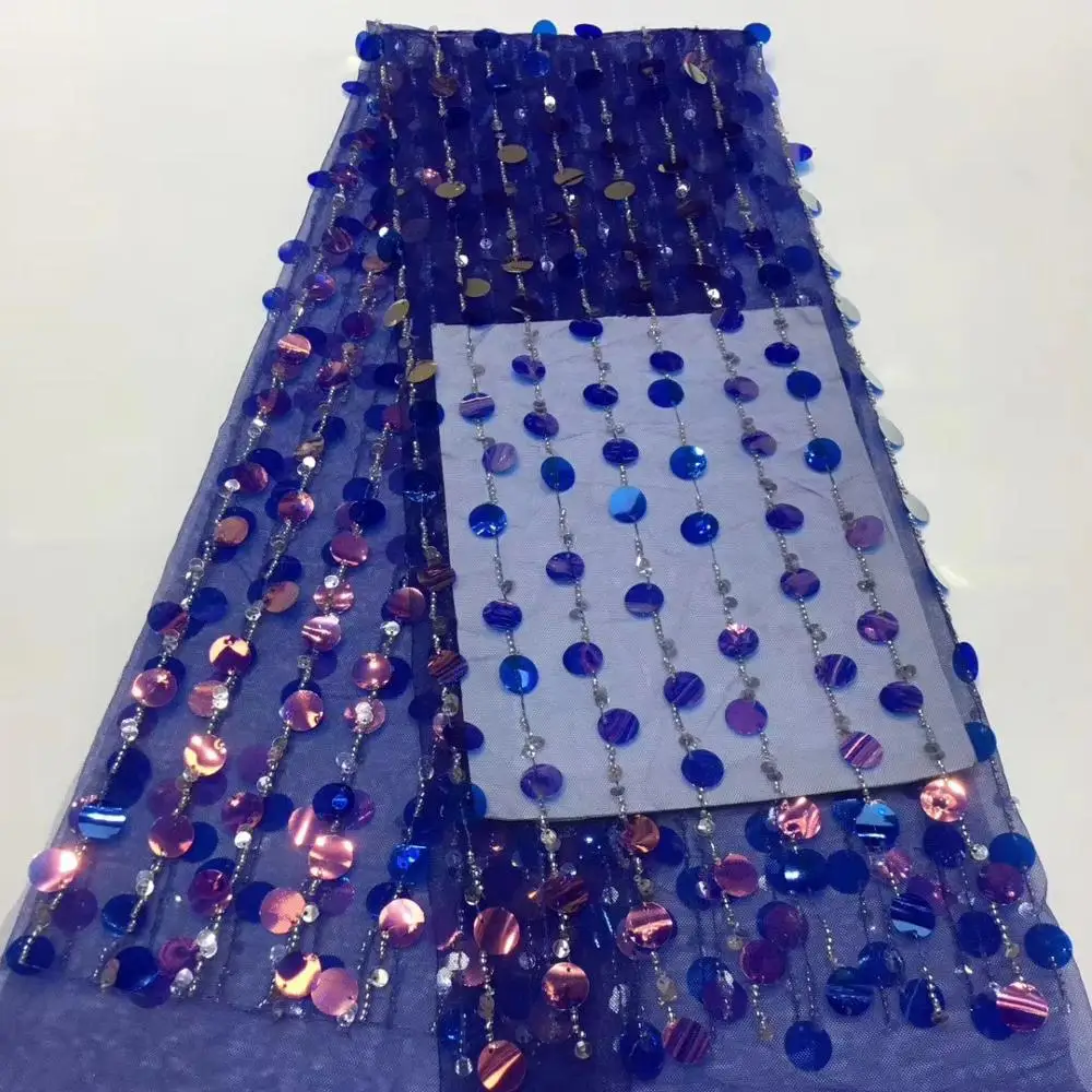 

(5yards/pc) beautiful African net lace fabric royal blue French lace fabric with beads and big round sequins for party FZZ752