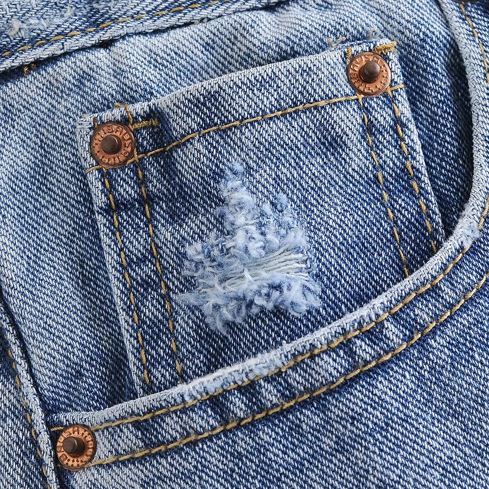 

Women's Jeans High Waist Hole Denim Straight-leg Pants 2021Spring Autumn Retro Washed Elastic Trousers