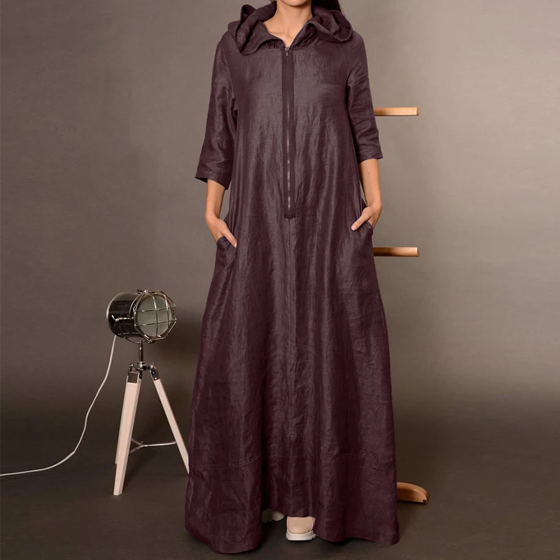 Платье ZANZEA женское Винтажное с капюшоном повседневный длинный сарафан на молнии