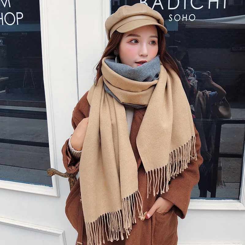 

Spring and autumn new season simple warm thick scarf women small fresh air-conditioning shawl Korean double-sided tassel scarf