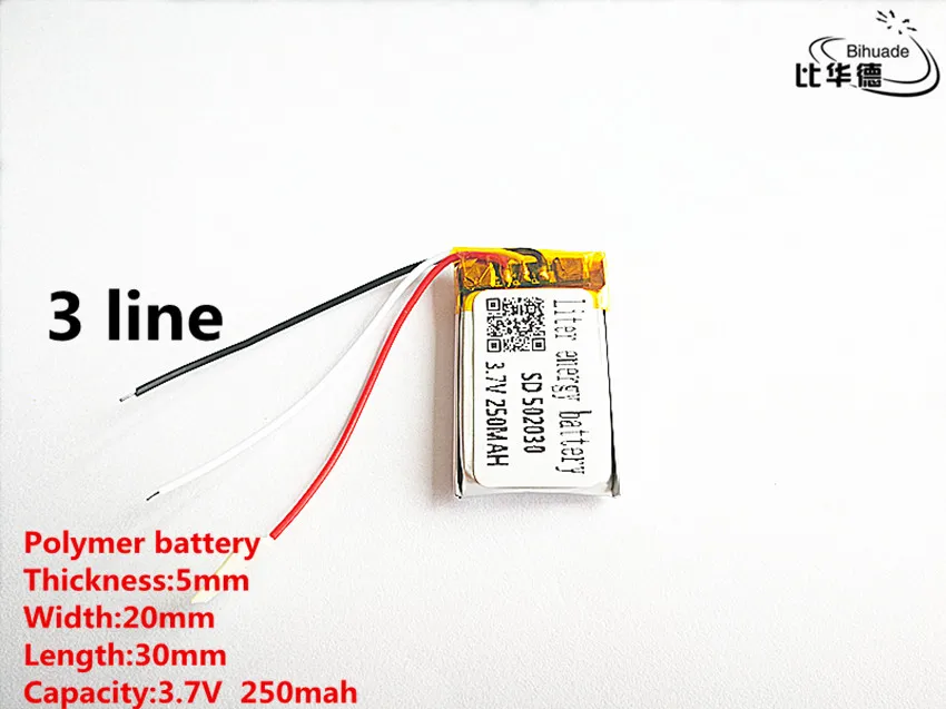 

10pcs/lot 3 line Good Qulity 3.7V,250mAH,502030 Polymer lithium ion / Li-ion battery for TOY,POWER BANK,GPS,mp3,mp4