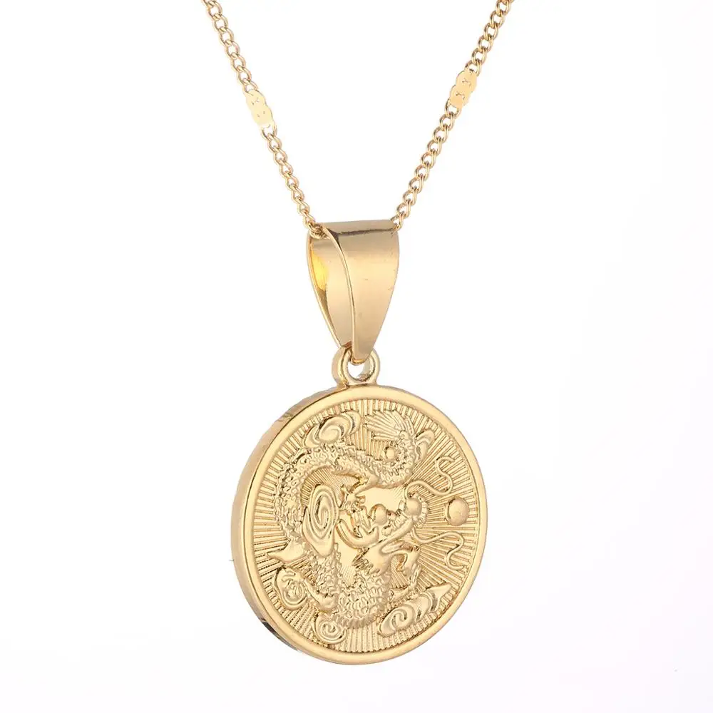 Модные женские золотые цвета подвеска китайский дракон ожерелье круглые