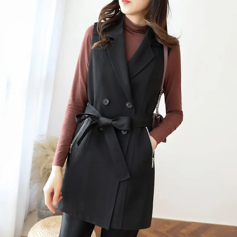 

Long Waistcoat Women 2020 New Spring and Autumn Korean Sleeveless Suit Vest Jacket Professional Lace Up Windbreaker Black r402
