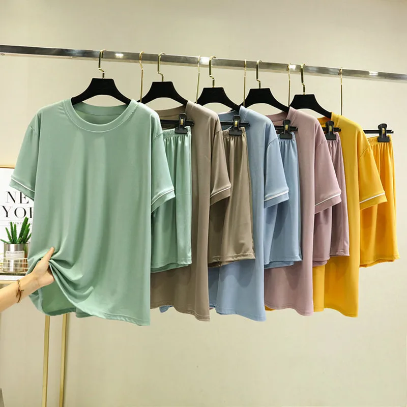 

Ladies Ice Silk Sleepwear Set Women Pajamas Summer Thin Short-Sleeved Outside Home Wear Casual Suit Female Pijama Mujer