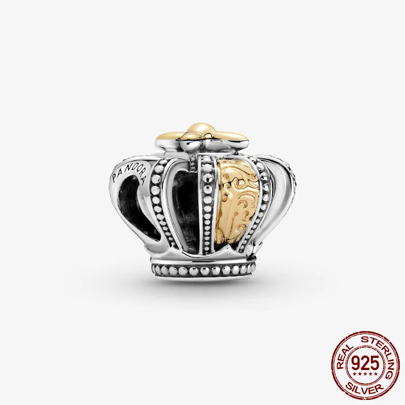 

2021 New 925 Sterling Silver Two-tone Regal Crown Charm Beads fit Original Pandora Bracelet Bangle Silver 925 Jewelry Making