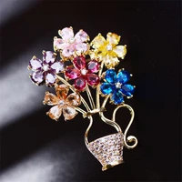 okily 2021 trendy cubic zirconia vase brooches pin lovely colorful flower corsage for woman bouquet brooch jewelry accessories