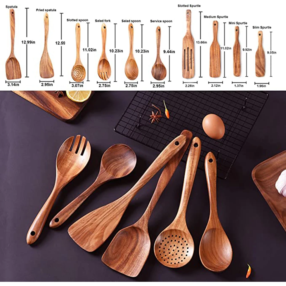 1-10pcs Teak Natural Wood Tableware Spoon Ladle Turner Rice Colander Soup Skimmer Cooking Scoop Kitchen Reusable Tool Kit | Дом и сад