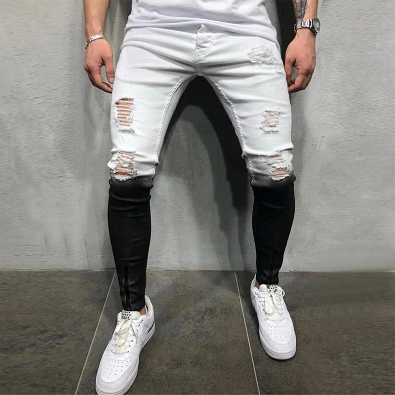 

Fashion Men's Skinny Stretch Ripped Male Jeans Slim Fit Denim Trousers 2021 New Streetwear Gradient White Black Casual Jeans Men
