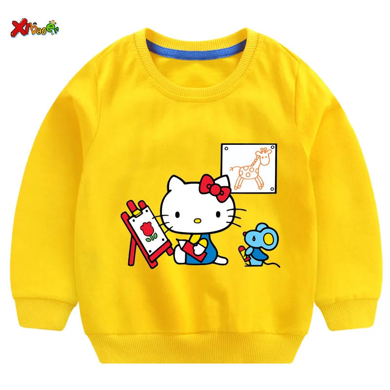 Свитшоты для маленьких девочек Футболка hello kitty г. Осенние толстовки для малышей, пуловер с длинными рукавами Модная одежда с героями мультфильмов красный, белый - Цвет: sweatshirt yellow