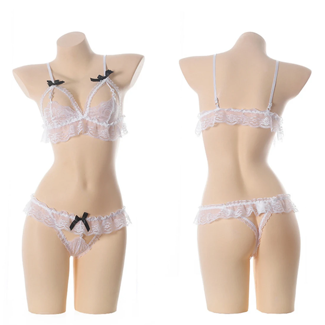 

2021 Kawaii Lace Top for Women Black and White Bow Bra Sexy Lingerie Erotic See Through Bra and Panties Push Up Set for Lolita