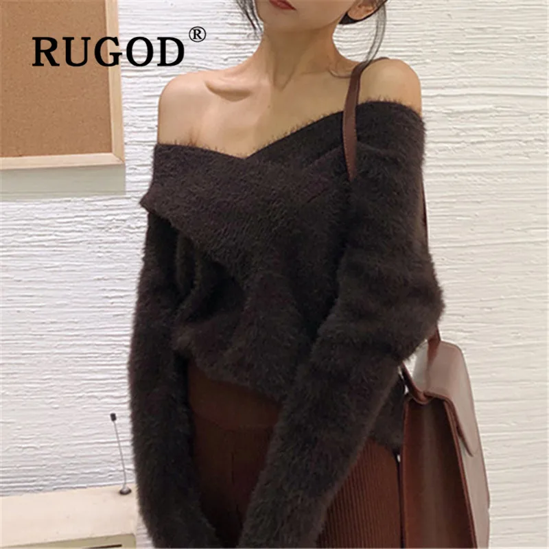 RUGOD Vintage One Shoulder Sexy Sweater Fuzzy Pullover Solid Jumper Winter Tops For Women Knitwear Stripe Plus Size Korean Style | Женская