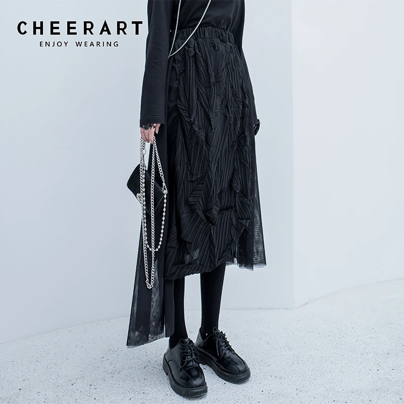 Женская Асимметричная драпированная юбка CHEERART черная сетчатая составного кроя с