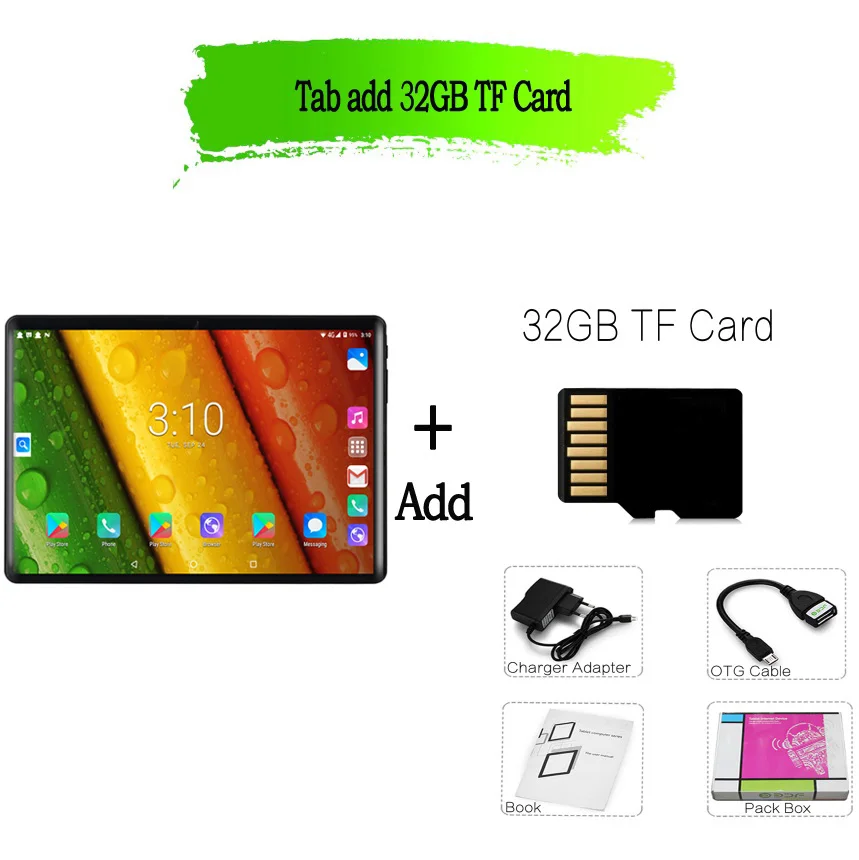Add 32G TF Card Новинка, 10,1 дюймов, Android 7,0, планшетный ПК, 4 Гб+ 64 ГБ, четыре ядра, sim-карта, телефон, звонок, ПК, Bluetooth, Wi-Fi, Sim, 3G, телефон, планшеты, мобильный телефон - Комплект: Add 32G TF Card