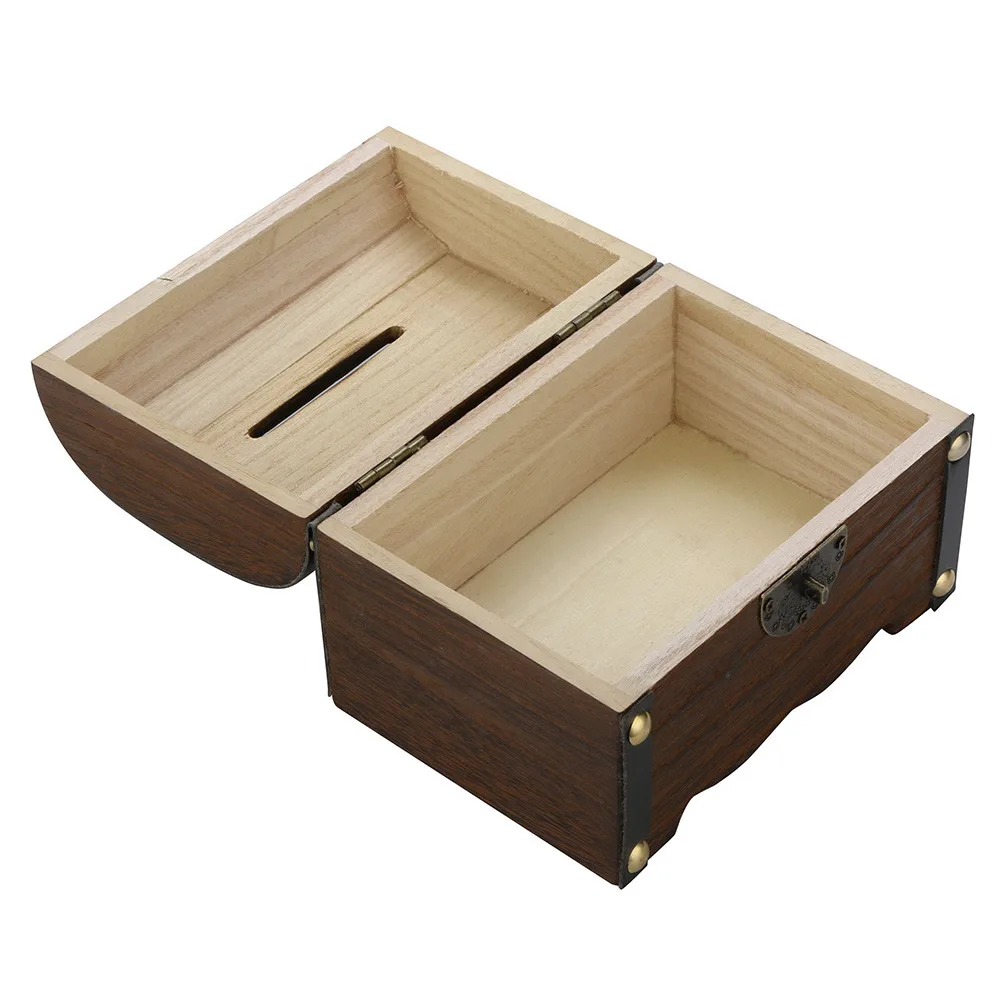 Винтажная копилка деревянная ручная Запираемая детская коробка для монет