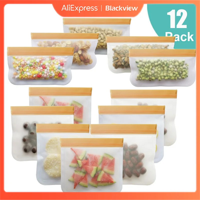 

12 Pieces/Set Of Silicone Food bag Frosted PEVA Reusable Leakproof Food Storage Bag Kitchen Fruit And Vegetable Preservation Bag