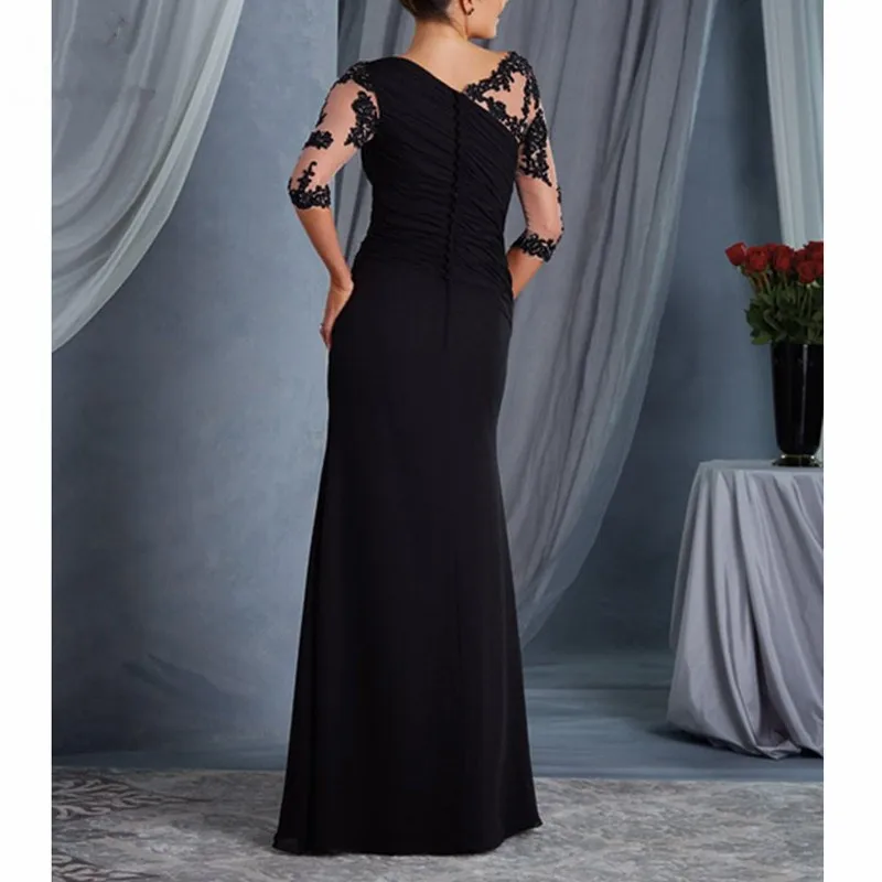 

Illusion 2019 Black Mother of the Bride Dresses with 3/4 Sleeves Appliques Chiffon mother of the bride dresses for weddings