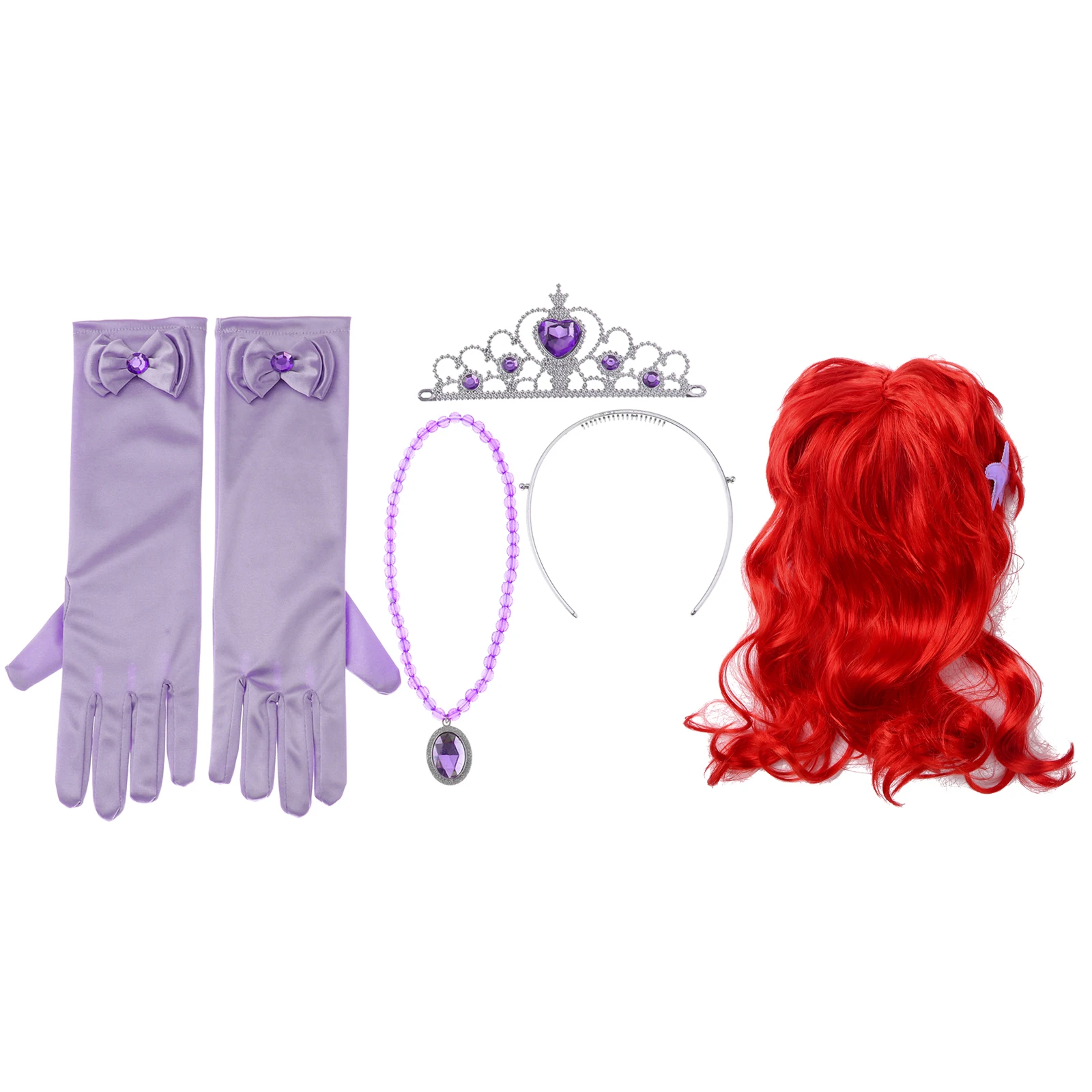 

Mermaid Princess Cosplay Costume Accessories Red Wig Crown Head Hoop Bead Necklace and Gloves for Kid Girls