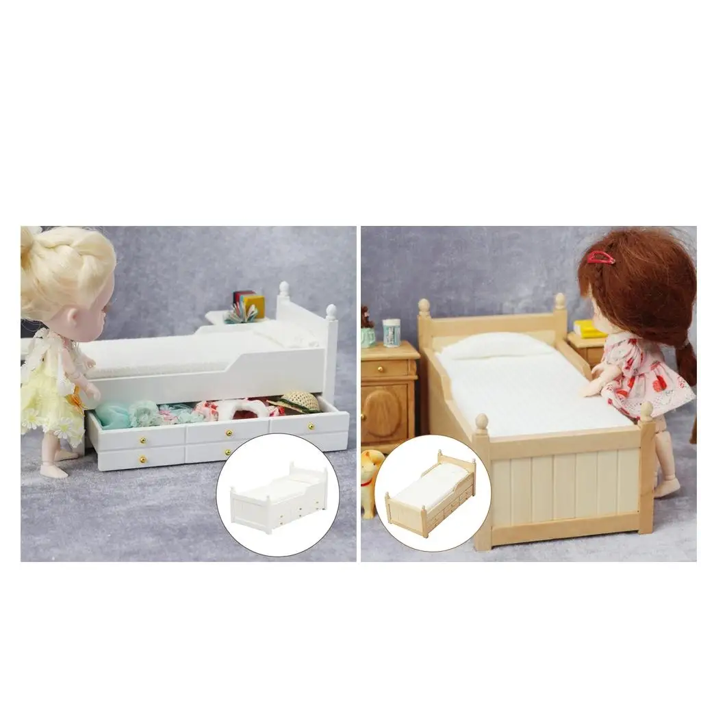 

1:12 Scale Dollhouse Miniature Bed with Drawer Model Bedroom Decor 2pcs