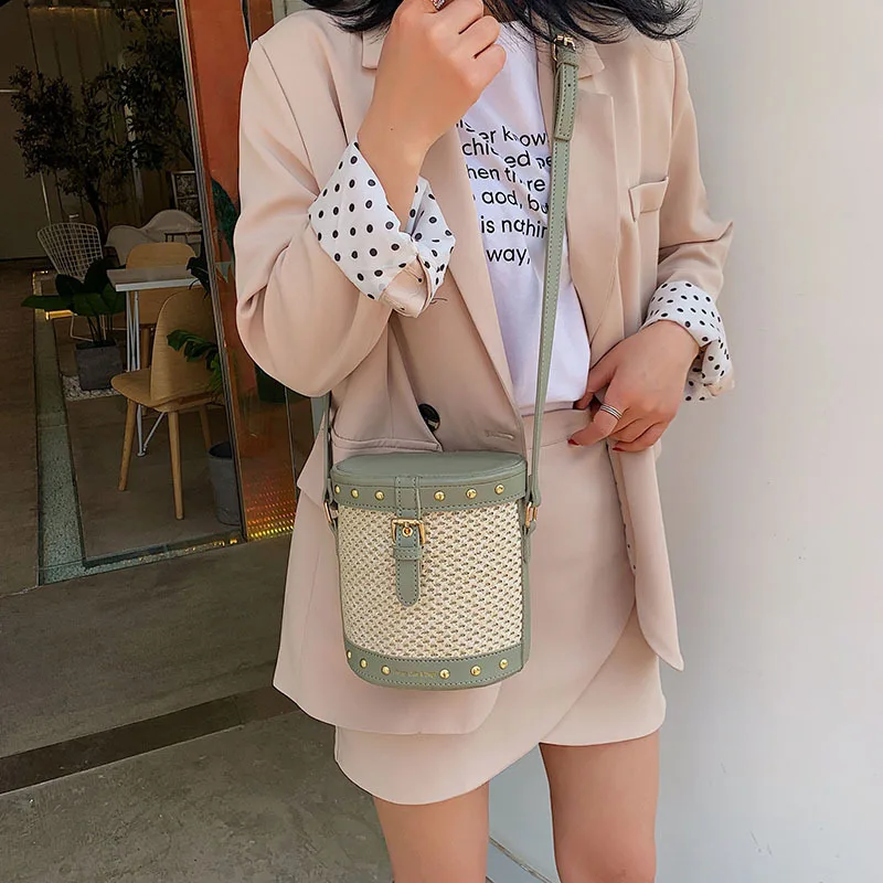 Mulit стиль соломенная + кожаная сумка женская ротанговая ручной работы тканая