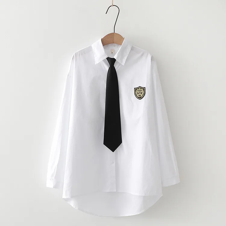 

HSA 2020 Harajuku Woman Appliques Shirt Korean Turn-Down Collar Long Sleeve Loose Necktie Button Female Blouse School Girl Blous