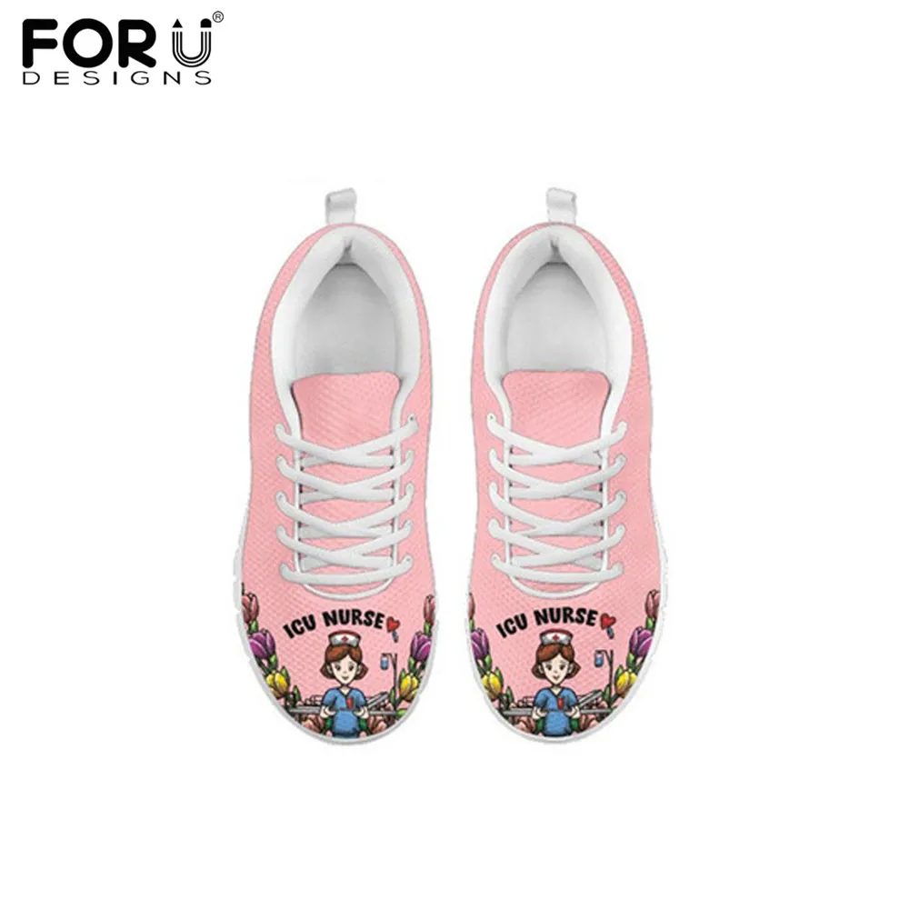 

FORUDESIGNS ICU Nurse Sneakers Pattern Women Flat Shoes Mesh Breathable Ladies Casual Lace up Walking Shoes Pink Sapato Feminino