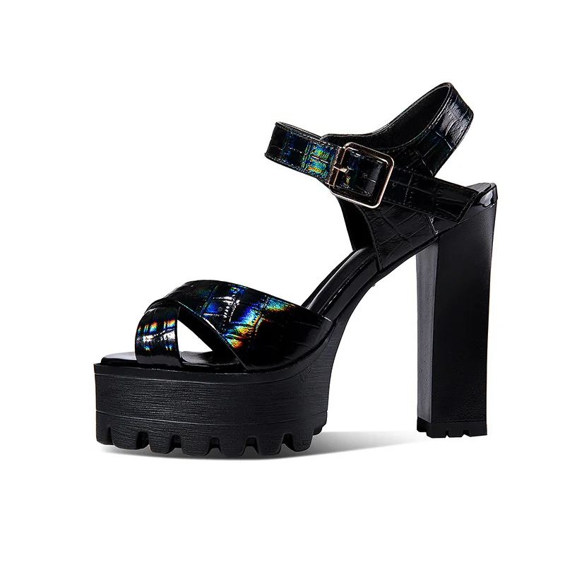 

2021 summer new women's shoes fish mouth thick high heeled shoes color cow lacquer thick bottom buckle sexy fashion