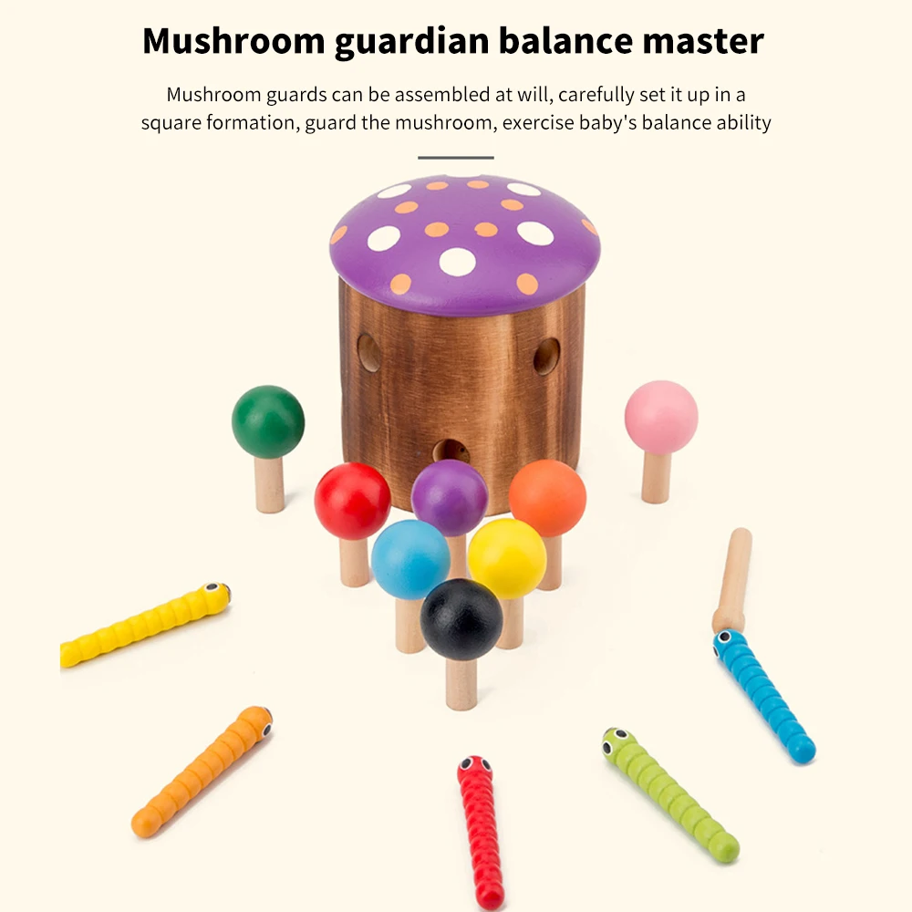 

IKAUOIE Wooden Catch Worms Games With Magnetic Stick Catch Creature Caterpillar Montessori Educational Magnetic Mushroom Shape