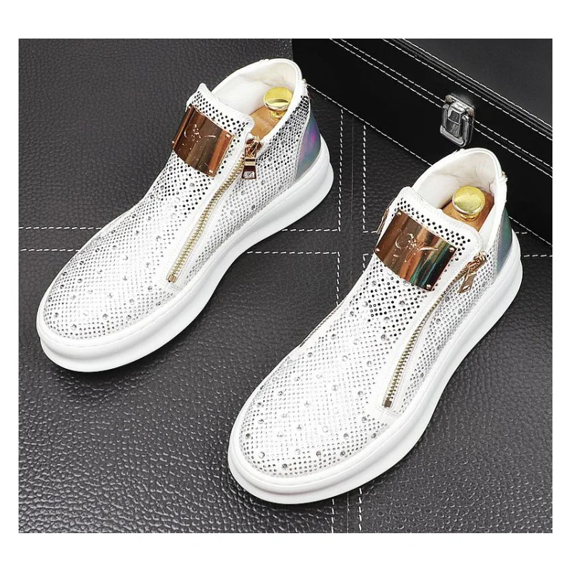 

OVXUAN High Top Mens Leather Boots Fashion Rhinestone Metal Business Men Casual Ankle Boots Spring Autumn Chelsea Boots 2021