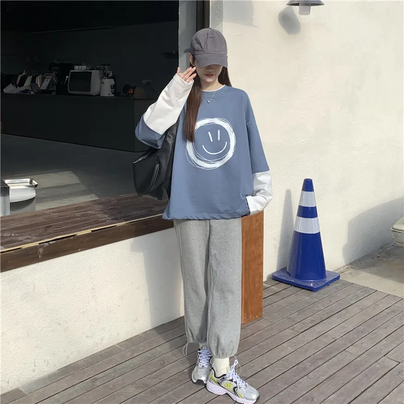 

YTX069 2021 new loose mid-length fake two-piece design BF wind printing long-sleeved T-shirt