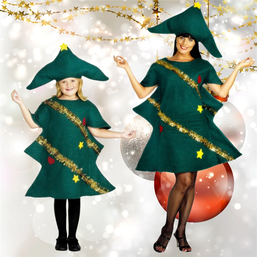 New Year Christmas Tree Outfit Mom and Girlds Cosplay Green Grinch Party Perfomance Clothing with Hat Elf Xmas Costumes