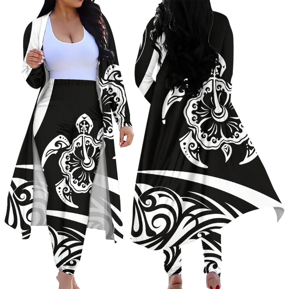 

Jackherelook Women 2 Piece Club Outfits Black Polynesain Tribal Tuetle Print Long Sleeve Floral Open Front Cardigan Pants Set