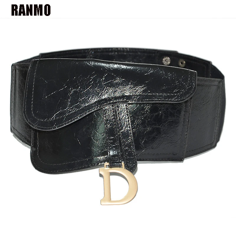 

RANMO Fashion Black Belt For Women Brand Letter D PU Leather High Waist Belt Connected Mobile Phone Bag New Accessories Building