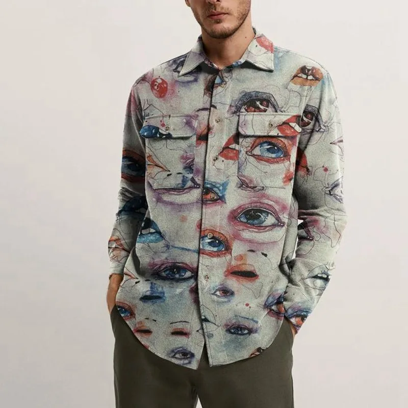 

2021 new men's youth printed shirt spring and autumn slim-fit lapel shirt trendy full-body printing single-breasted top shirt