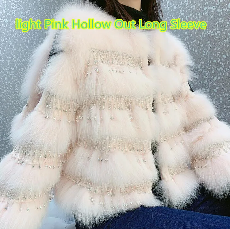 Light Pink 2 Женская шуба из натурального Лисьего меха с бахромой и яркими бриллиантами, женская повседневная куртка с круглым вырезом и длинным рукавом, короткая зимняя куртка из лисьего меха - Цвет: Light Pink 2