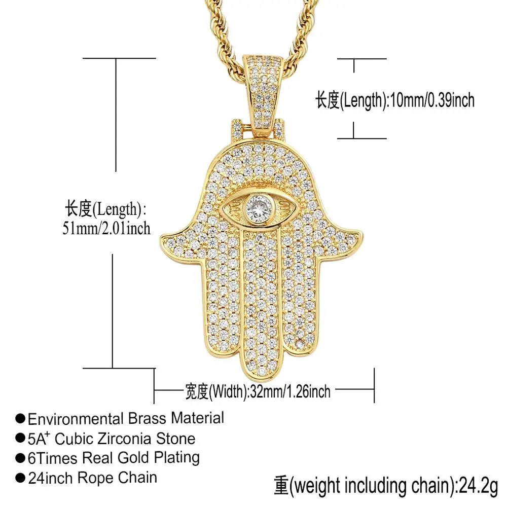 

Shiny Hip Hop Micro Pave Setting AAA+ Cubic Zircon Bling Iced Out Hand of Fatima Pendants Necklaces for Men Rapper Jewelry