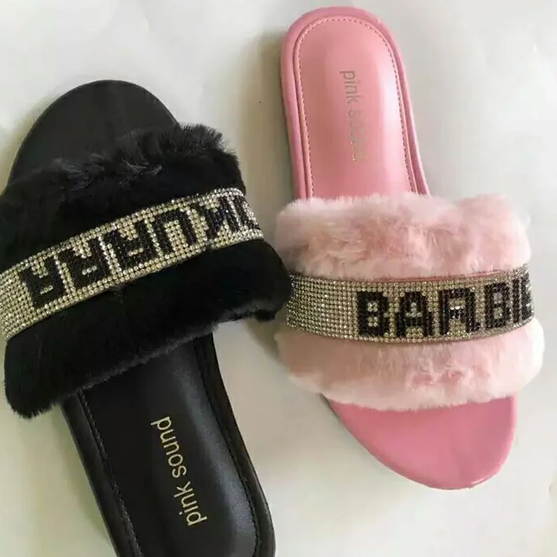 Женские меховые шлепанцы Модная летняя обувь со стразами модные летние на