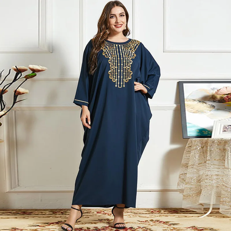 

European station plus size long skirt loose dark blue embroidery bat long sleeve long skirt fashion women dress