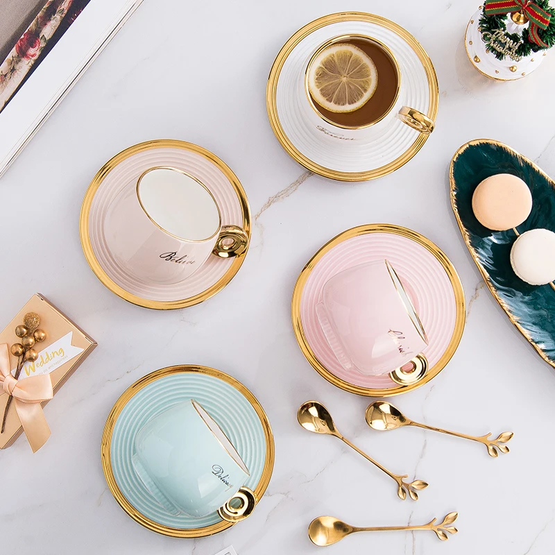 Ceramics Phnom Penh Coffee Cup And Saucer Set With Spoon Gold Rim Tea Juice Drinks Mug Children's Breakfast Milk Couple | Дом и сад