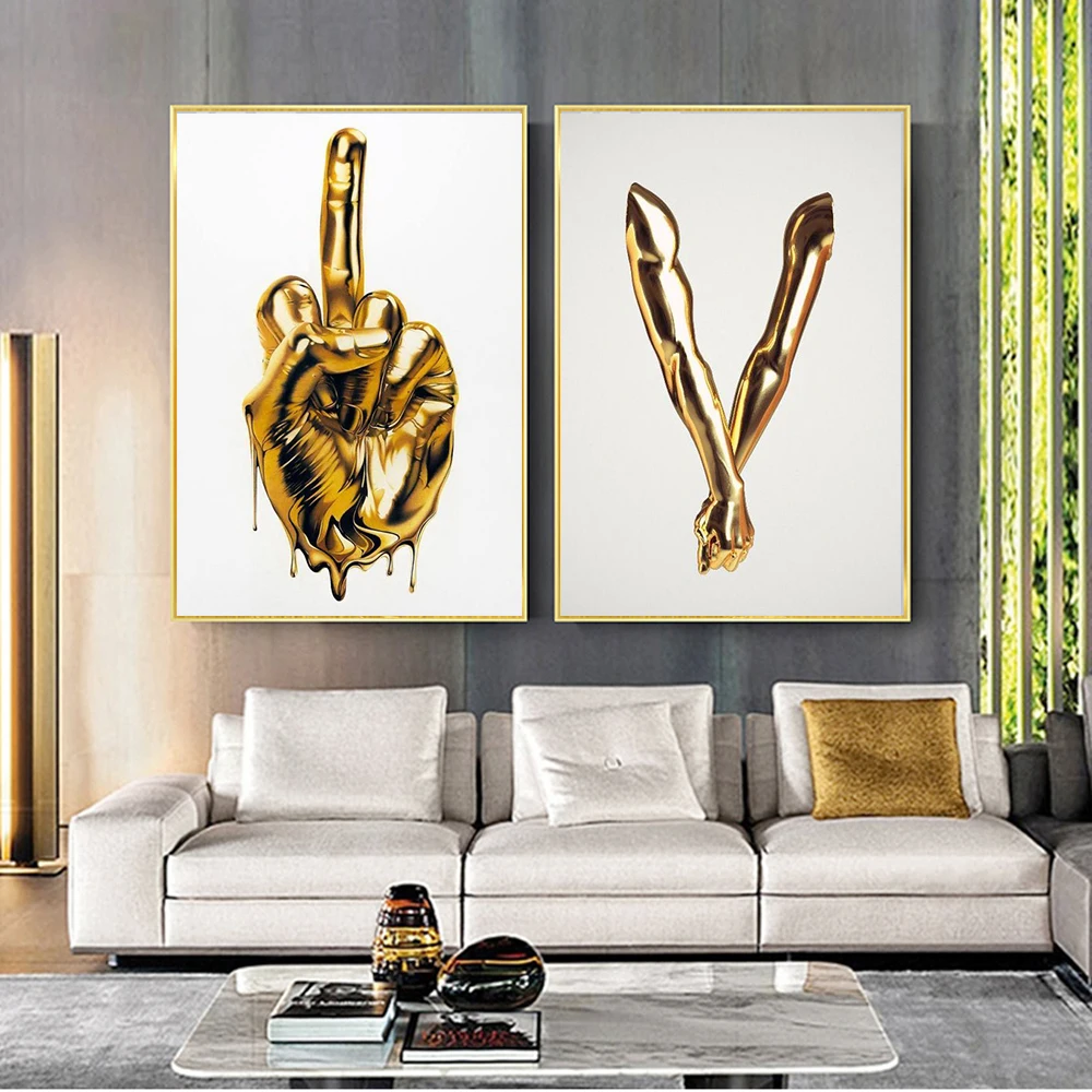 

Lover Hands Sculpture Canvas Painting Abstract Gold Middle Finger Wall Art Posters Prints Wall Pictures For Home Decor Cuadros