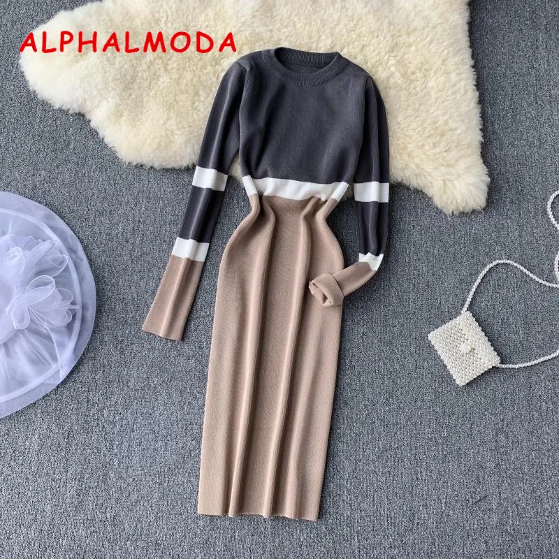 ALPHALMODA осенне-зимнее женское трикотажное платье хит цвета новое ретро с высокой талией цветное с длинным рукавом тонкое трикотажное цельное платье