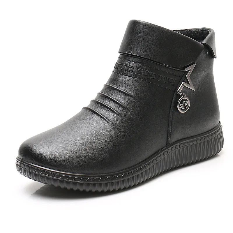 Vintage retro ladies ankle leather boots warm plush waterproof snow boots for women zip Y2K shoes 2021