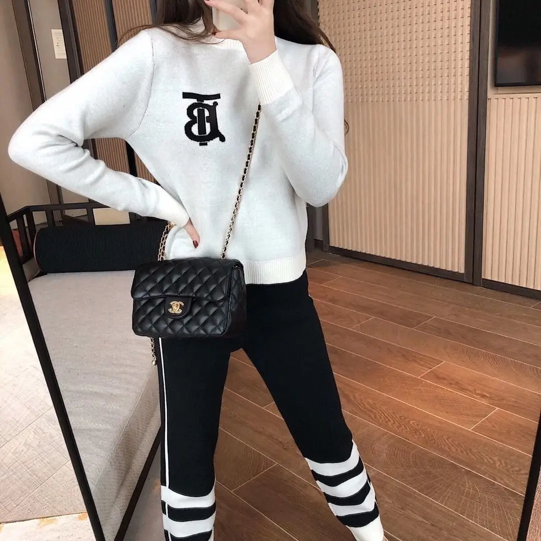 

Woman's Suit Autumn New High Quality Sweater Striped Contrast Knit Pants
