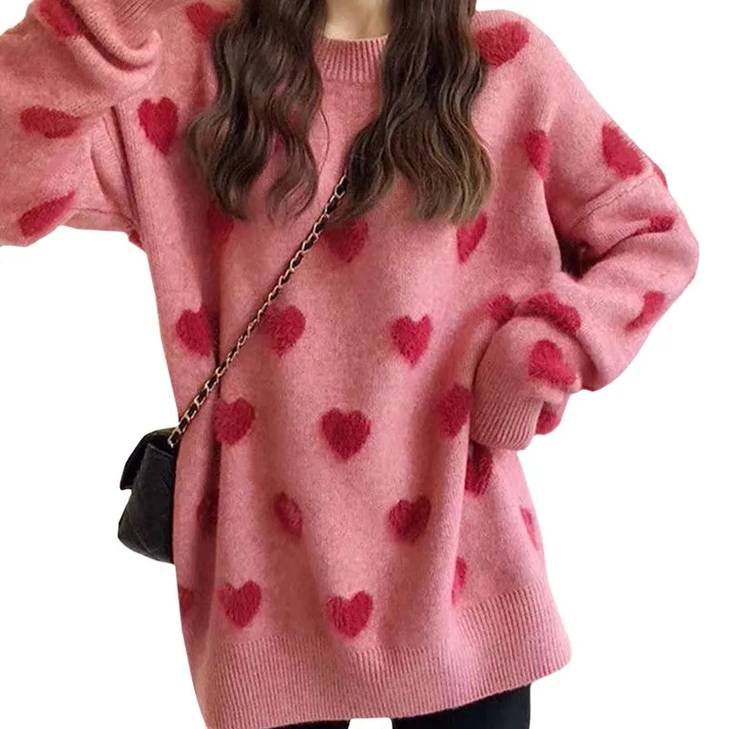 New Arrival Fashion Spring Autumn Women Sweater Loose Long Sleeve Casual Flocking Harajuku Love Heart Knitt Pullover Female