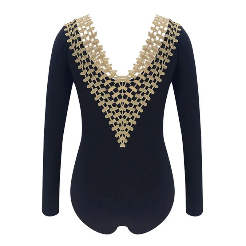 

Sexy Deep V Neck Ladies Bodysuit Autumn Long Sleeve Leotard Night Clubwear Black Female Elegant Slim Romper Trendy Clothing